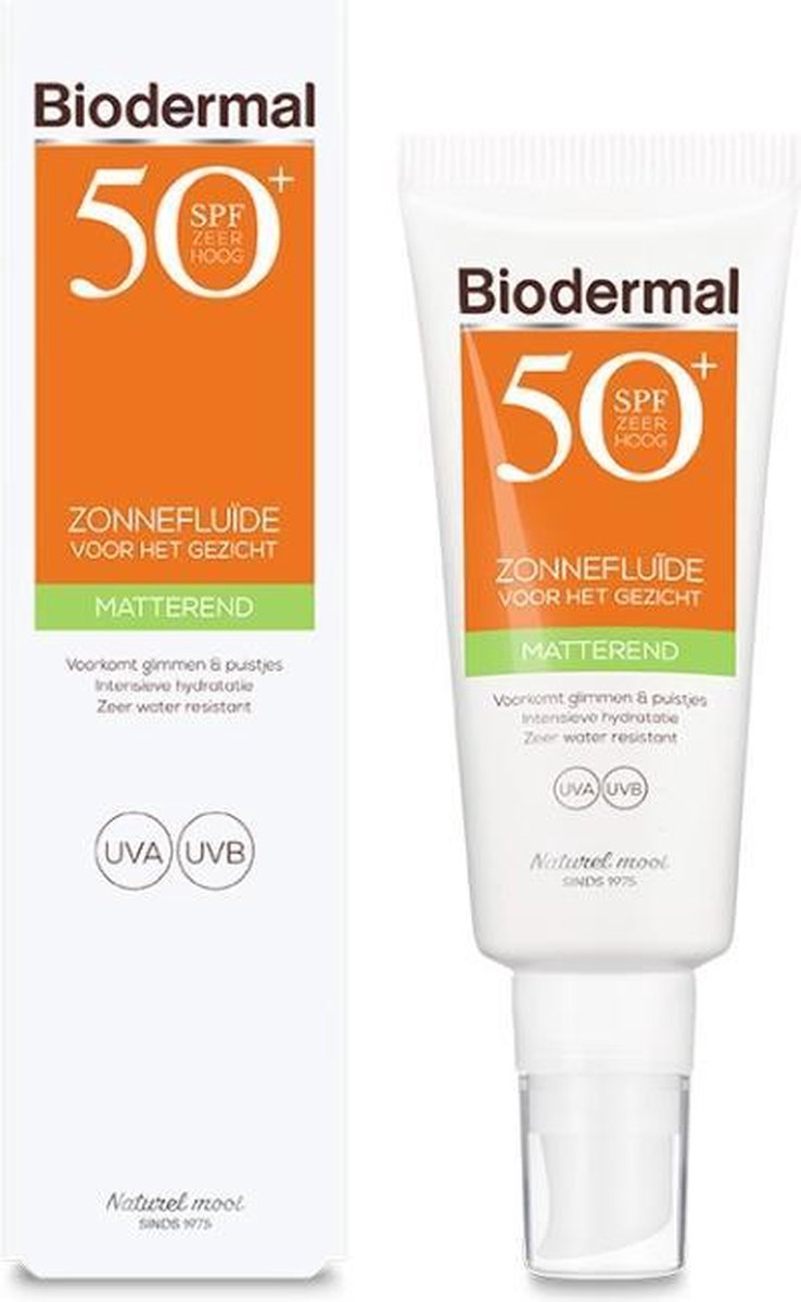 Biodermal Zonnebrand - Matterende Zonnefluïde voor het gezicht SPF 50 - 40ml - Voorkomt glimmen en puistjes