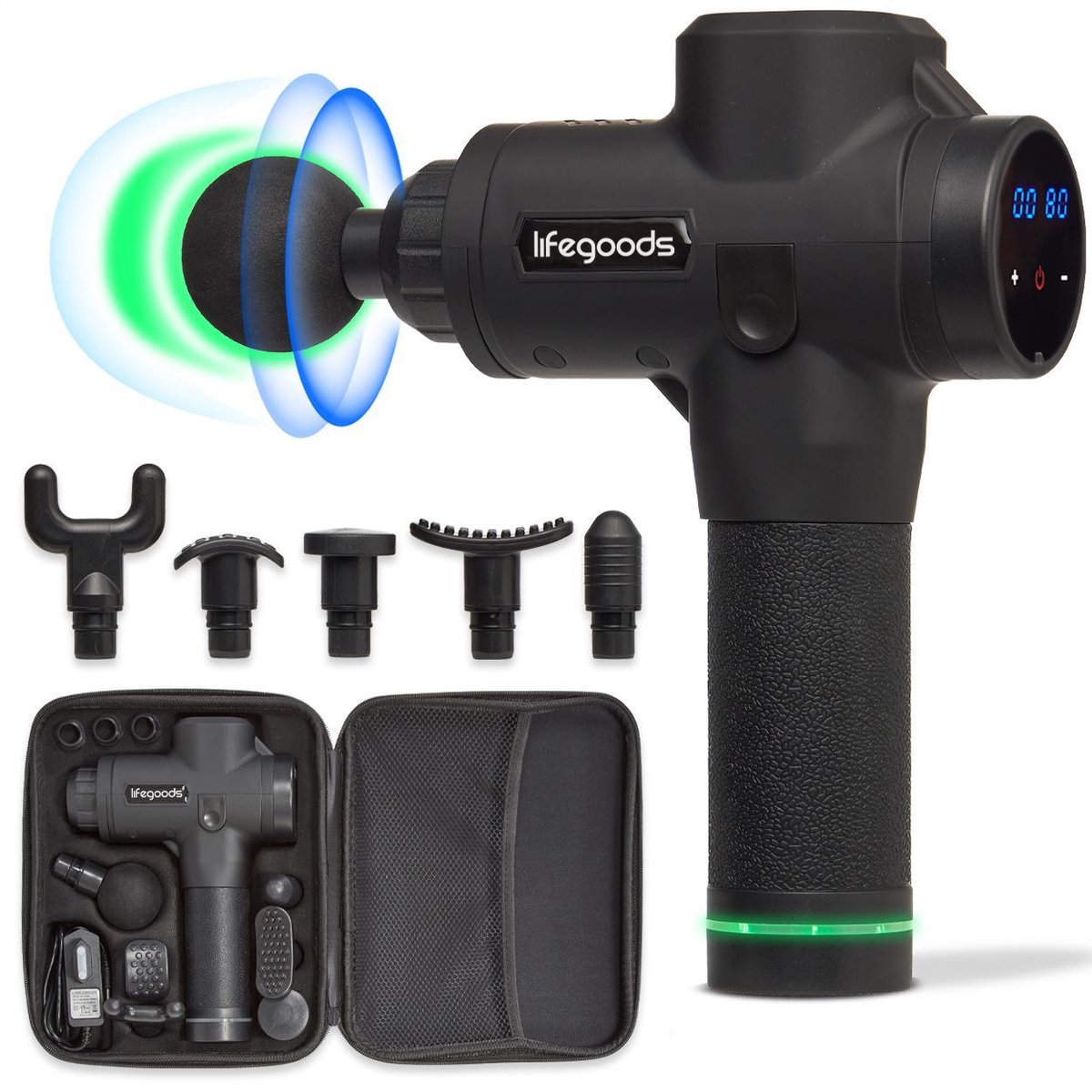 LifeGoods Massage Gun - Professioneel Massage Apparaat - Nek, Rug, Fullbody - Acupressuur, Klop en Compressie - 6 Opzetstukken - Koffer - 30 Standen - Zwart

