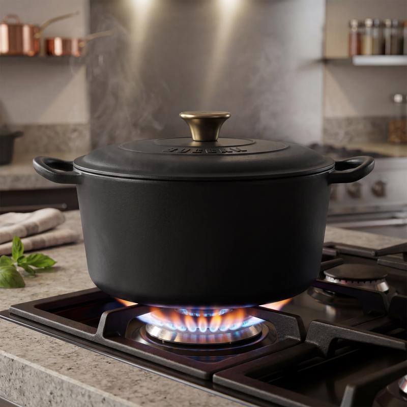Zwarte gietijzeren braadpan van Action met goudkleurige knop op een gaspit in de keuken Zwarte gietijzeren braadpan van Action met goudkleurige knop op een gaspit in de keuken