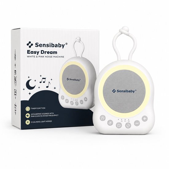 Easydream White Pink Noise Machine met nachtlamp gloeiend in slaapkamer