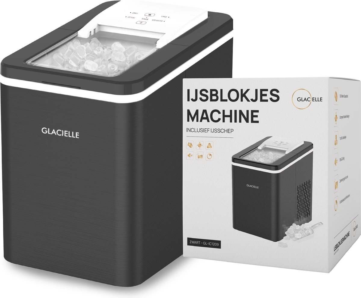 Glacielle IJsblokjesmachine - 1.8L Capaciteit - 9 blokjes per 7 min - 12 KG/24u - Zelfreinigingsfunctie - IJsklontjes machine - Zwart 