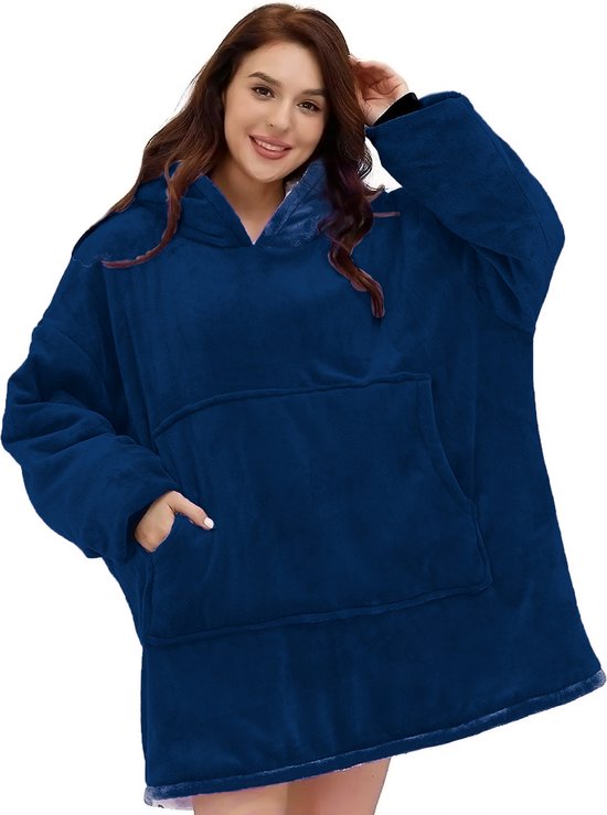 Hoodie deken donkerblauw fleece extra groot