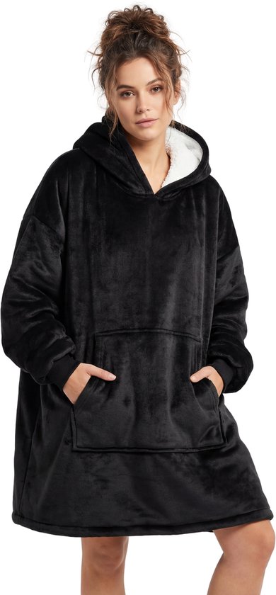 Jaxy Hoodie Deken Snuggle Hoodie Fleece Deken met Mouwen zwart bank koud