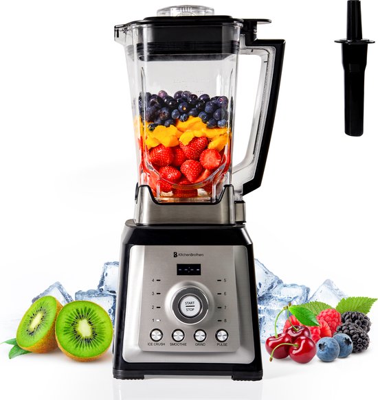 KitchenBrothers Power Blender 2000W 2L zwart RVS ijscrusher 8 standen